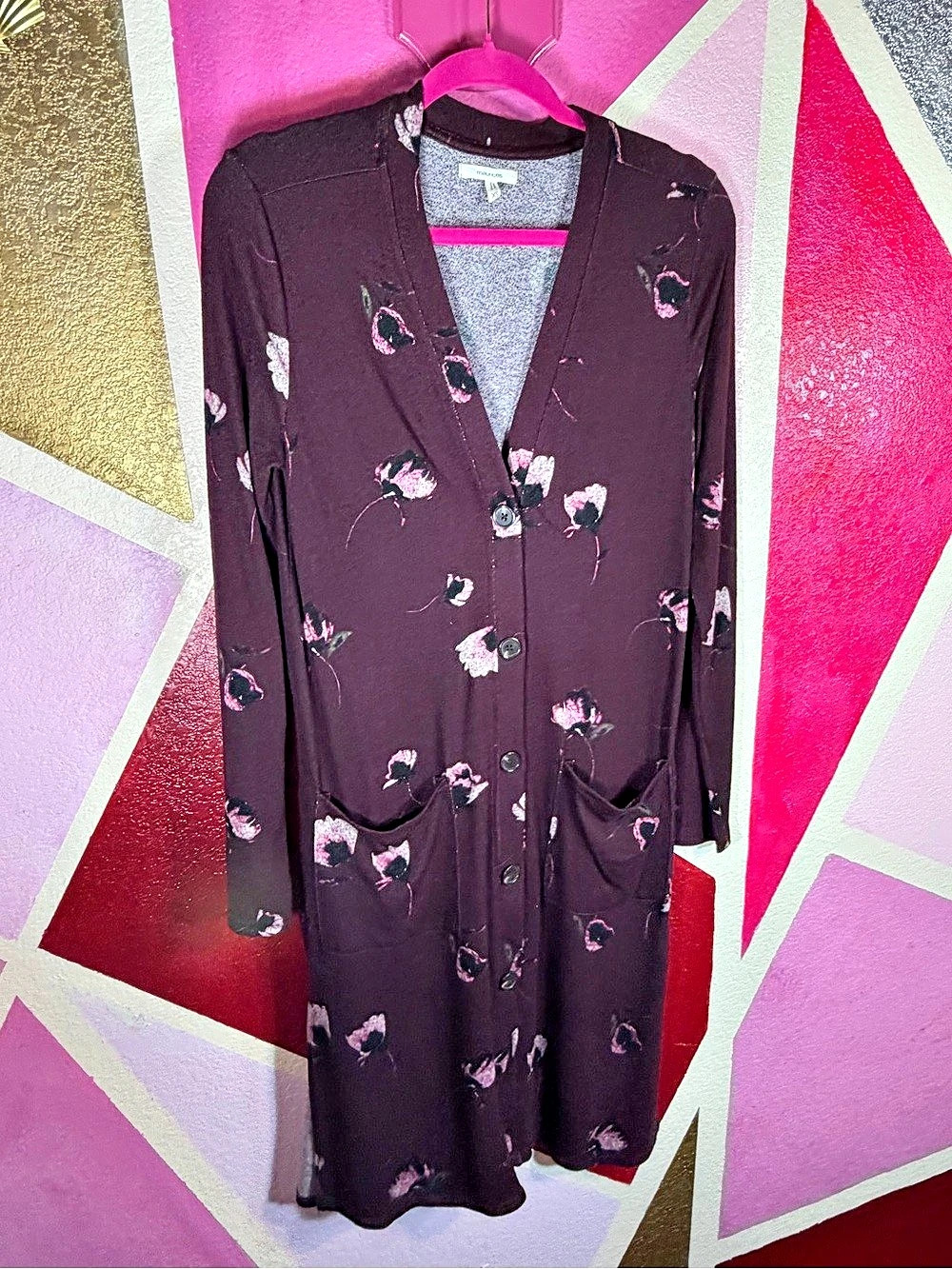 Maurices Burgundy Floral Long Duster Cardigan Button Front Pockets XS
